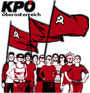 im Comicstil gezeichnete Menschengruppe mit wehenden Fahnen und KPÖ-Logo